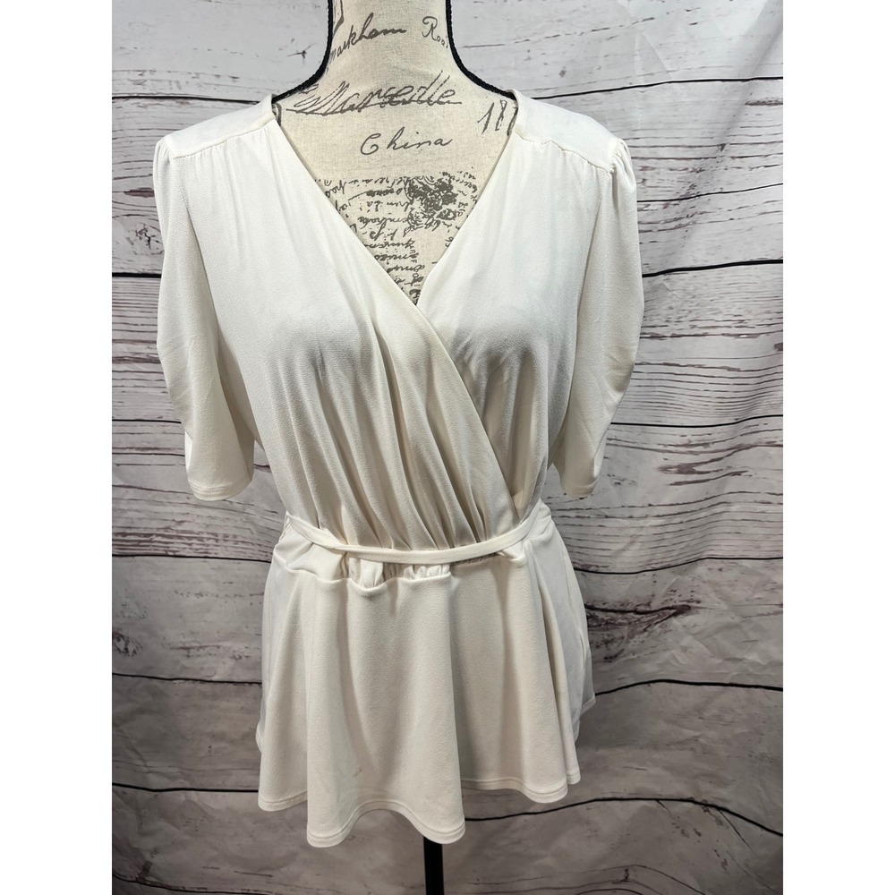 Express White Faux Wrap‎ Belted Tunic Top Womens Large Puff Sleeve